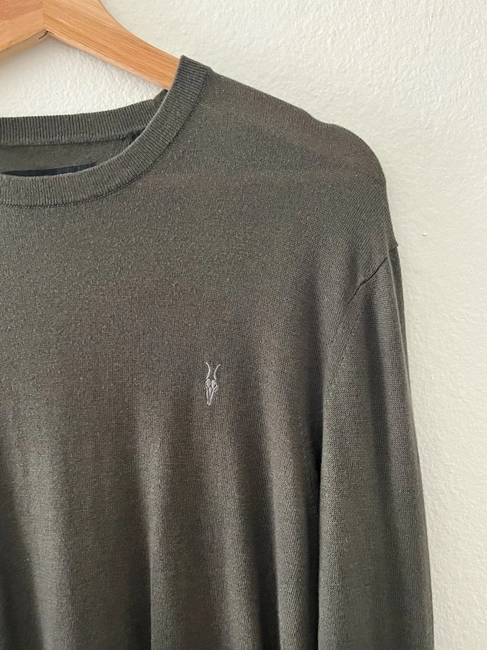 All Saints Merino Wool Ramskul Mode Crewneck Sweater Olive Green Size Medium
